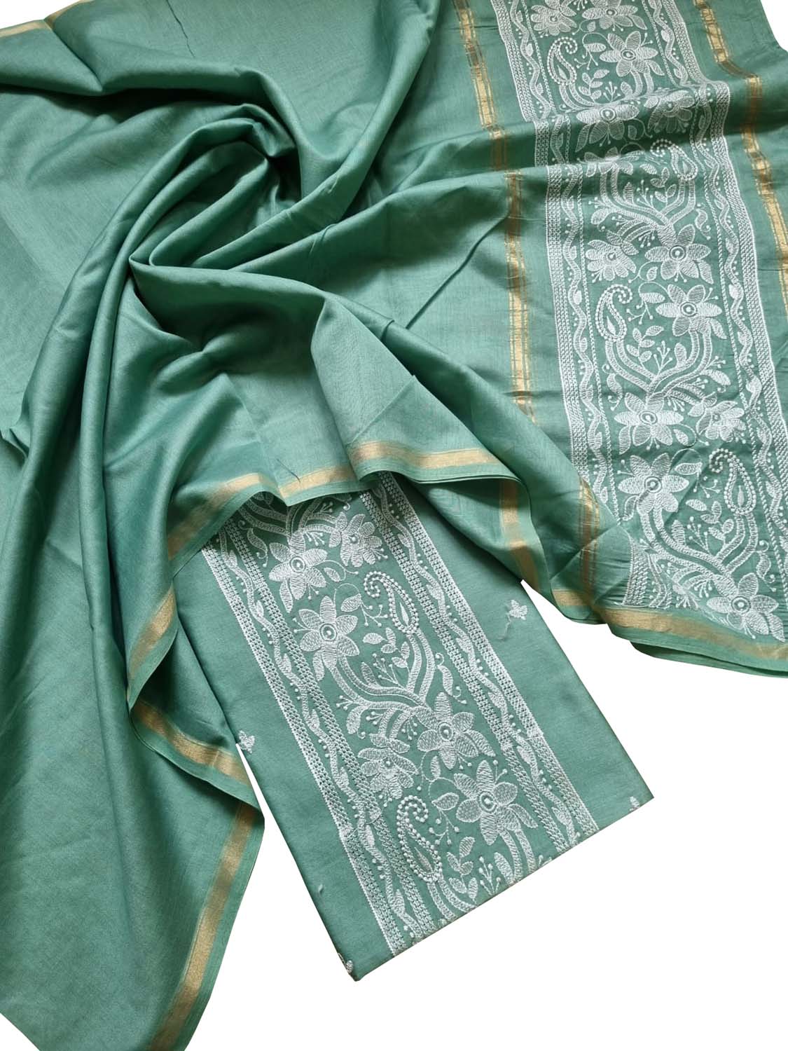 Green Banarasi Embroidered Chanderi Silk Three Piece Unstitched Suit Set - Luxurion World