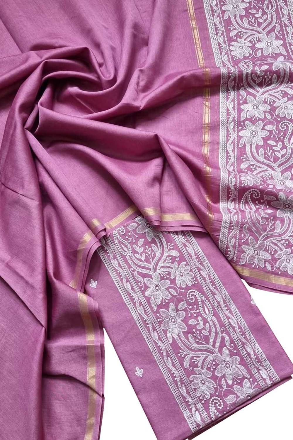 Pink Banarasi Embroidered Chanderi Silk Three Piece Unstitched Suit Set - Luxurion World