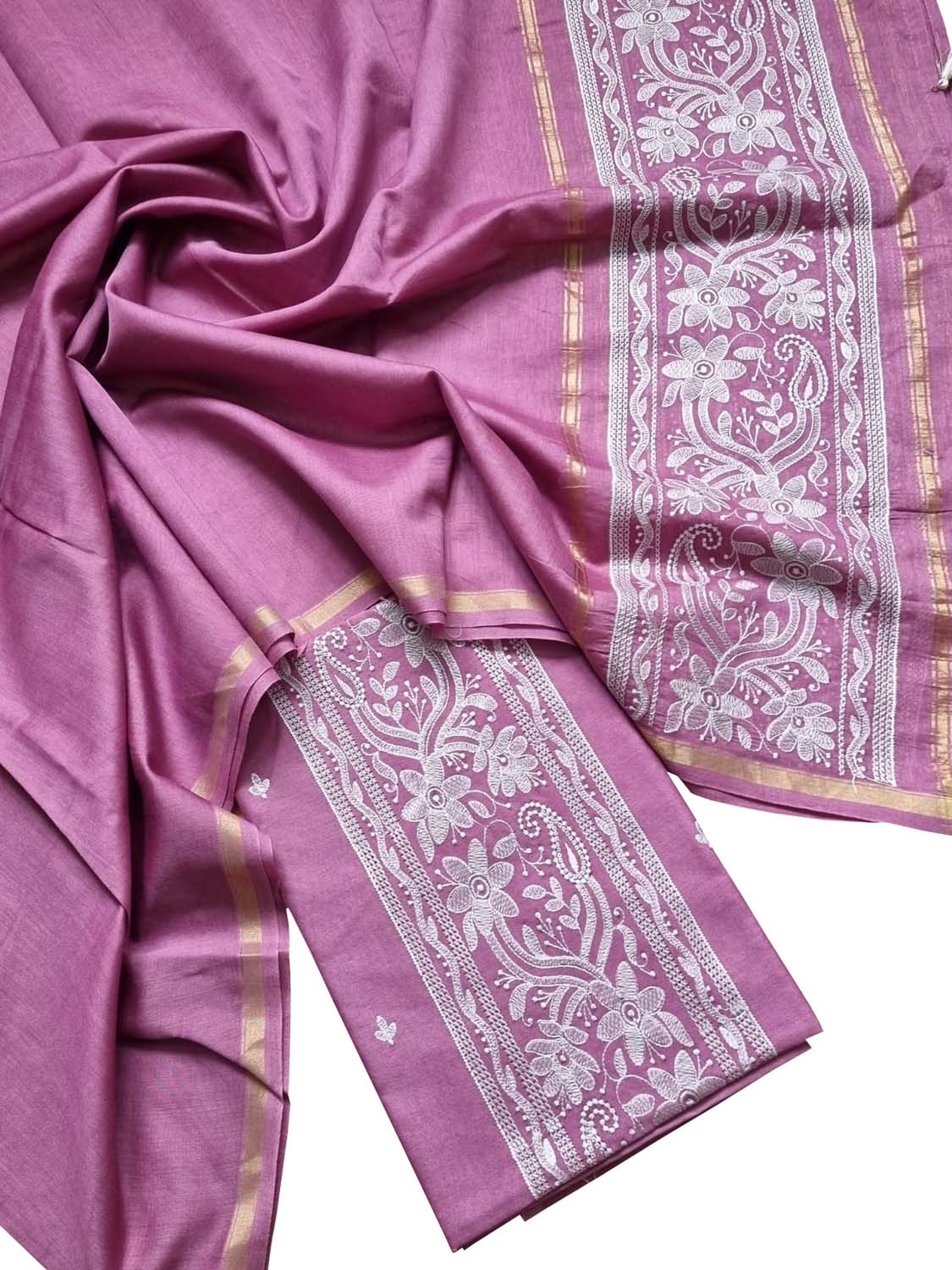 Pink Banarasi Embroidered Chanderi Silk Three Piece Unstitched Suit Set - Luxurion World