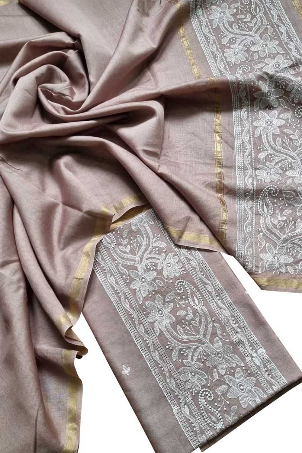 Pink Banarasi Embroidered Chanderi Silk Three Piece Unstitched Suit Set - Luxurion World