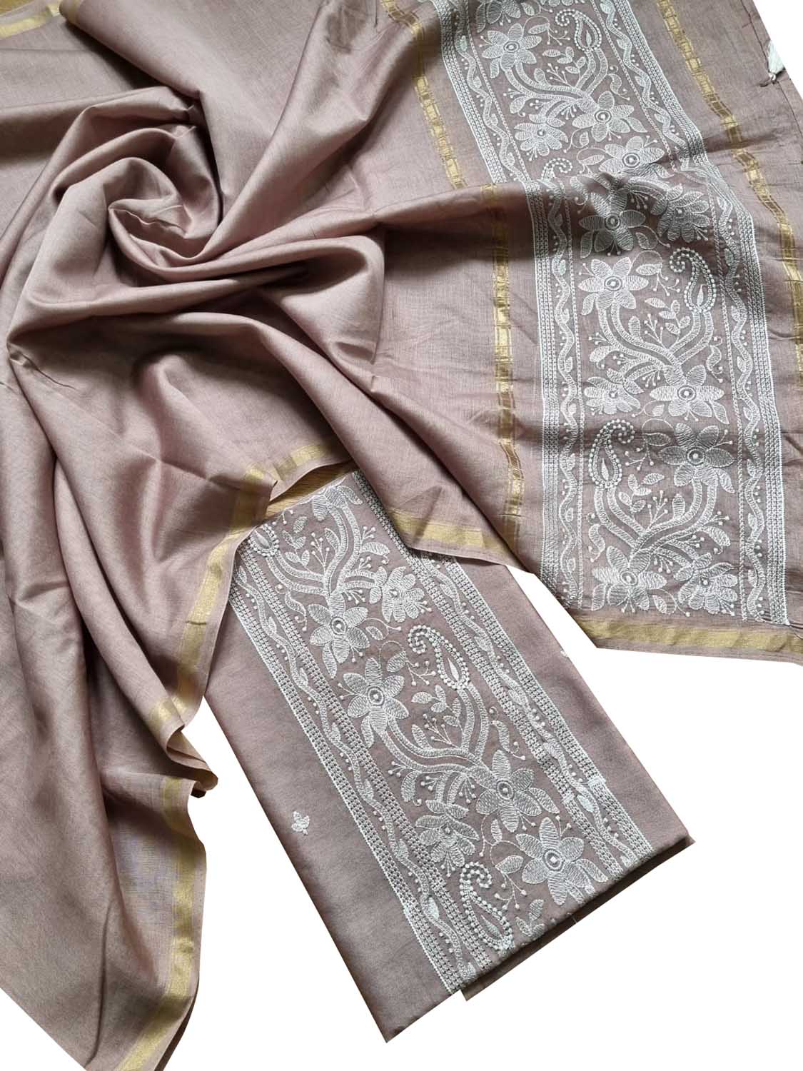 Pink Banarasi Embroidered Chanderi Silk Three Piece Unstitched Suit Set - Luxurion World