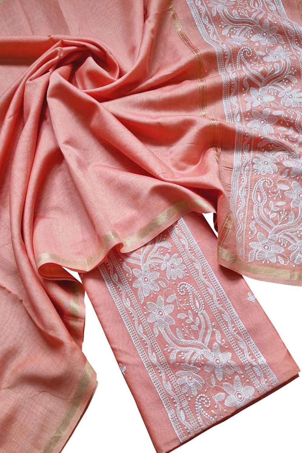 Pink Banarasi Embroidered Chanderi Silk Three Piece Unstitched Suit Set - Luxurion World