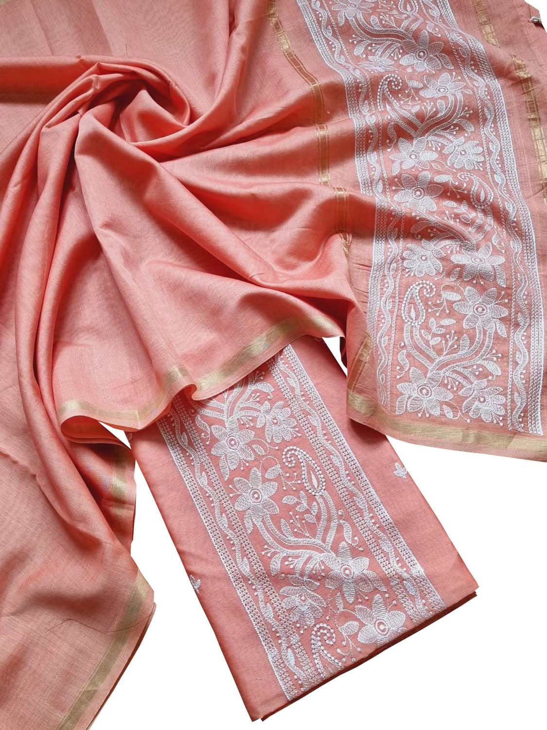 Pink Banarasi Embroidered Chanderi Silk Three Piece Unstitched Suit Set - Luxurion World
