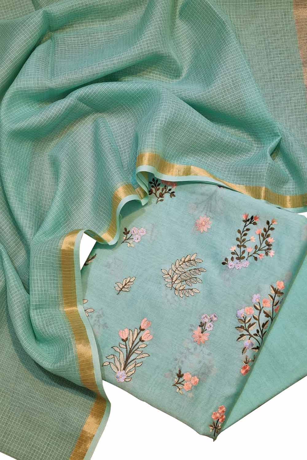 Green Banarasi Embroidered Chanderi Silk Three Piece Unstitched Suit Set With Cotton Kota Checks Dupatta - Luxurion World