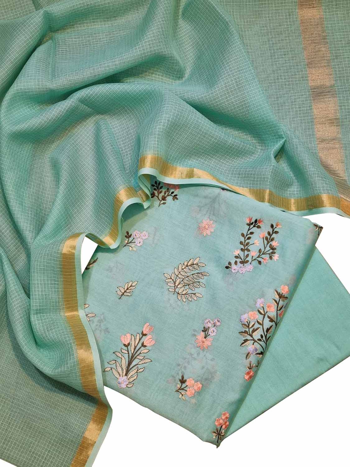 Green Banarasi Embroidered Chanderi Silk Three Piece Unstitched Suit Set With Cotton Kota Checks Dupatta - Luxurion World