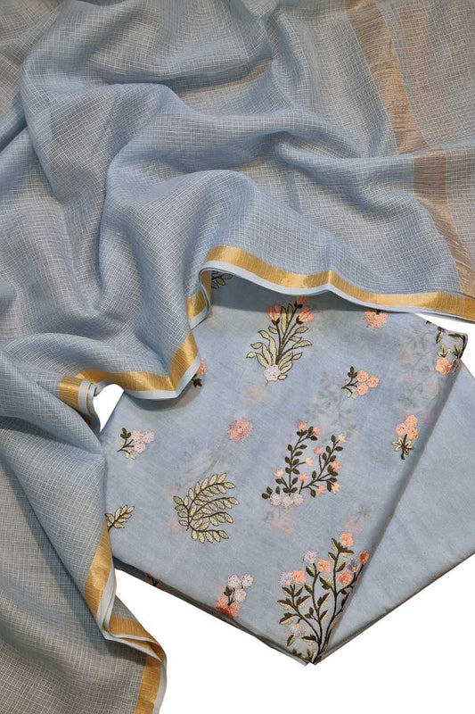 Blue Banarasi Embroidered Chanderi Silk Three Piece Unstitched Suit Set With Cotton Kota Checks Dupatta - Luxurion World