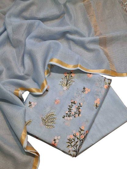 Blue Banarasi Embroidered Chanderi Silk Three Piece Unstitched Suit Set With Cotton Kota Checks Dupatta
