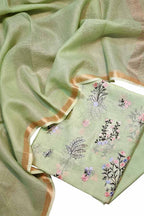 Green Banarasi Embroidered Chanderi Silk Three Piece Unstitched Suit Set With Cotton Kota Checks Dupatta - Luxurion World