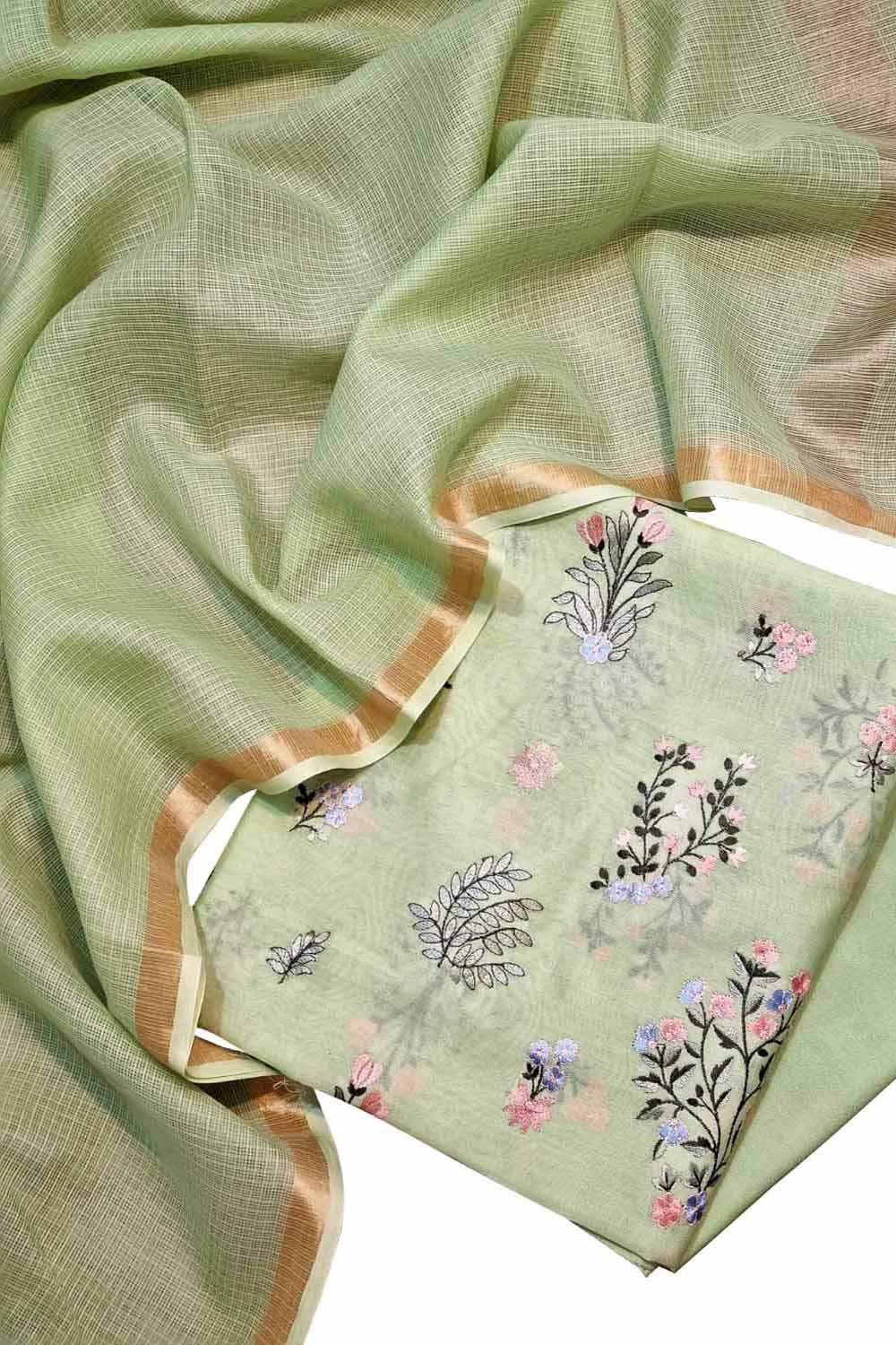 Green Banarasi Embroidered Chanderi Silk Three Piece Unstitched Suit Set With Cotton Kota Checks Dupatta - Luxurion World