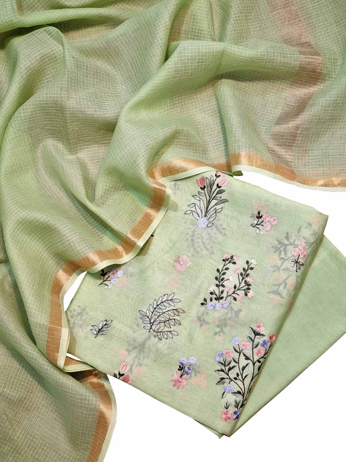 Green Banarasi Embroidered Chanderi Silk Three Piece Unstitched Suit Set With Cotton Kota Checks Dupatta - Luxurion World