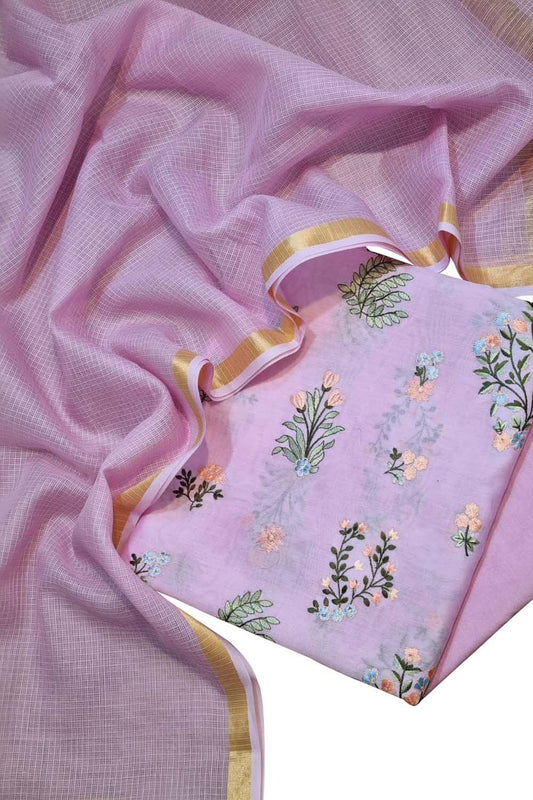 Pink Banarasi Embroidered Chanderi Silk Three Piece Unstitched Suit Set With Cotton Kota Checks Dupatta