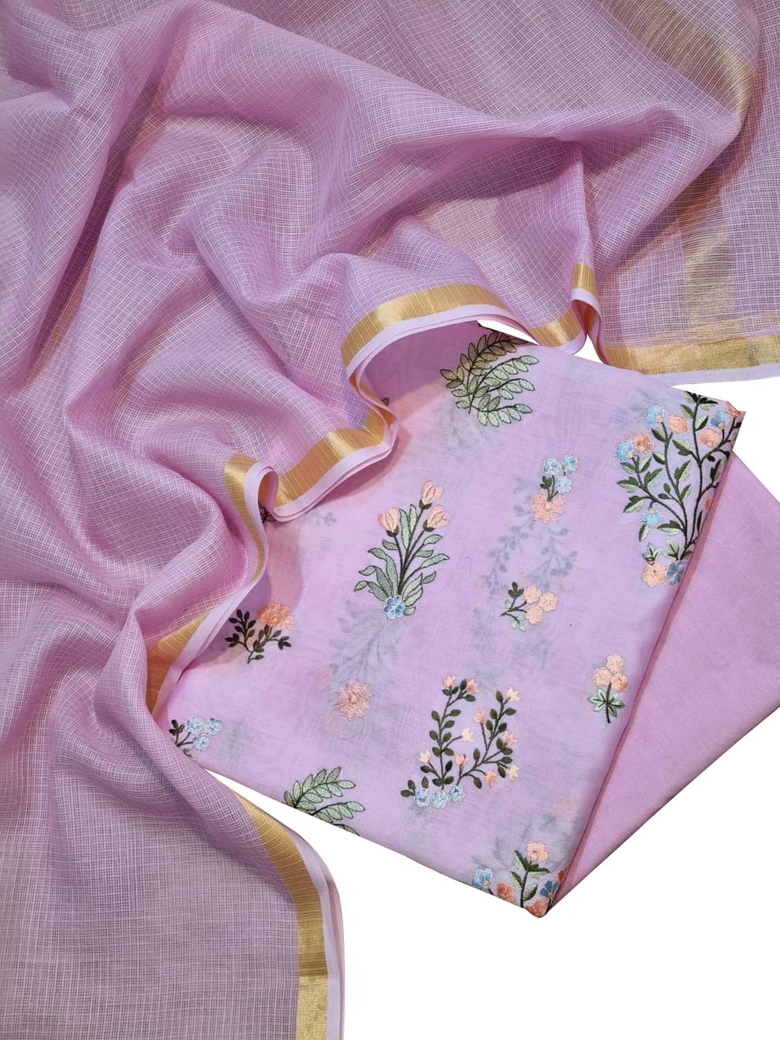 Pink Banarasi Embroidered Chanderi Silk Three Piece Unstitched Suit Set With Cotton Kota Checks Dupatta - Luxurion World