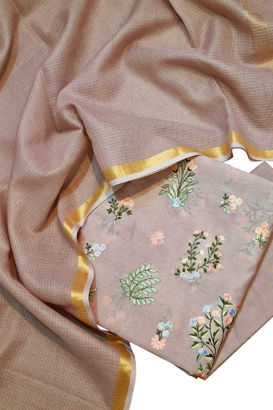 Peach Banarasi Embroidered Chanderi Silk Three Piece Unstitched Suit Set With Cotton Kota Checks Dupatta