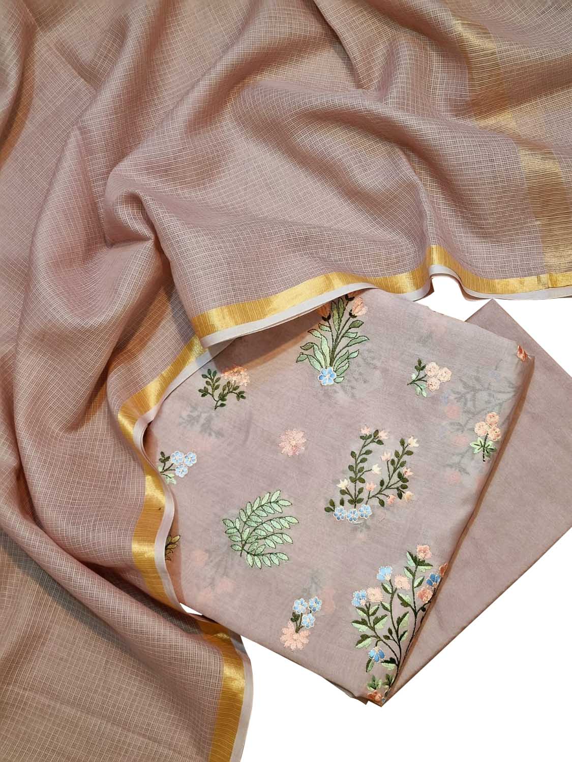 Peach Banarasi Embroidered Chanderi Silk Three Piece Unstitched Suit Set With Cotton Kota Checks Dupatta - Luxurion World