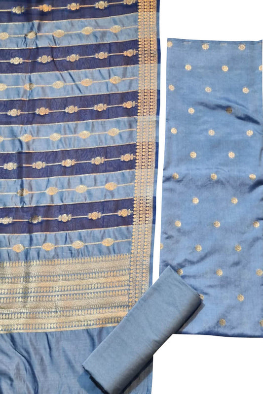 Blue Banarasi Chiniya Silk Three Piece Unstitched Suit Set - Luxurion World