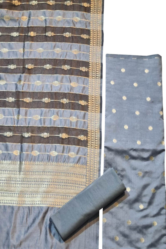 Grey Banarasi Chiniya Silk Three Piece Unstitched Suit Set - Luxurion World