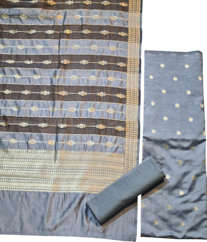 Grey Banarasi Chiniya Silk Three Piece Unstitched Suit Set - Luxurion World