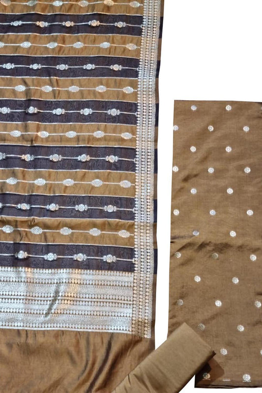 Brown Banarasi Chiniya Silk Three Piece Unstitched Suit Set - Luxurion World