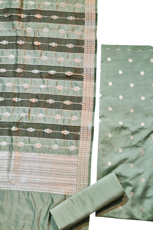 Green Banarasi Chiniya Silk Three Piece Unstitched Suit Set - Luxurion World