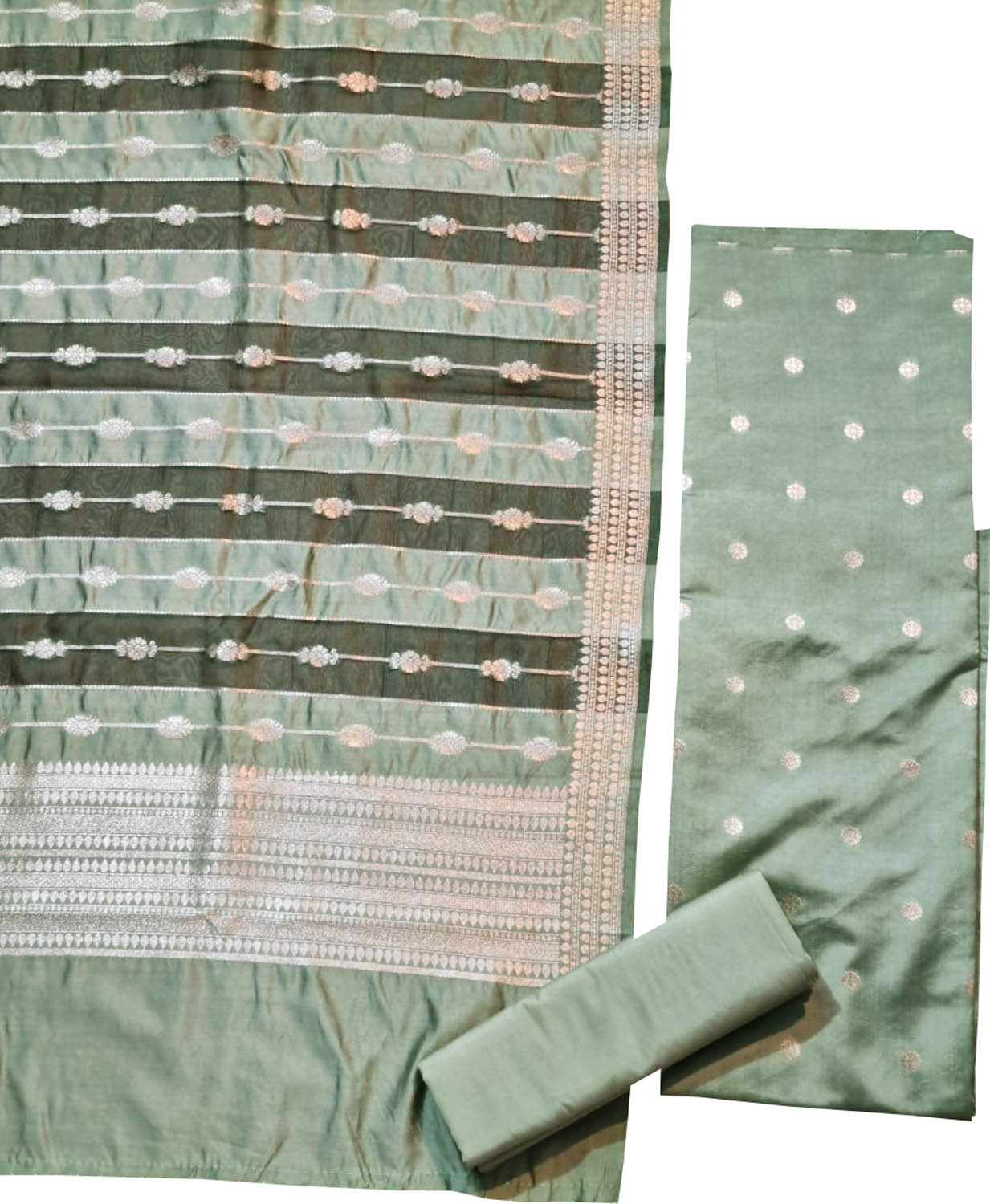 Green Banarasi Chiniya Silk Three Piece Unstitched Suit Set - Luxurion World
