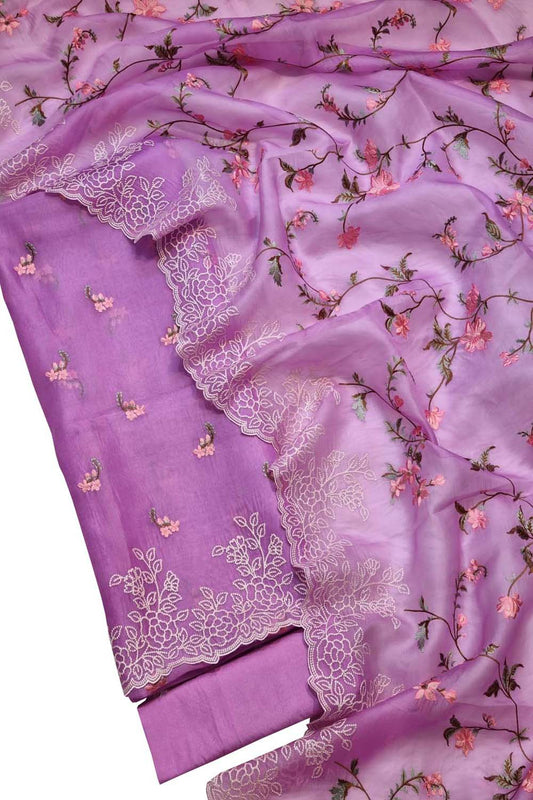 Elegant Purple Banarasi Organza Suit Set with Embroidery - Luxurion World