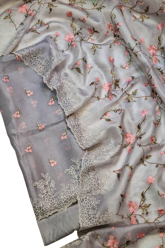 Elegant Grey Banarasi Organza Suit Set with Embroidery - Luxurion World