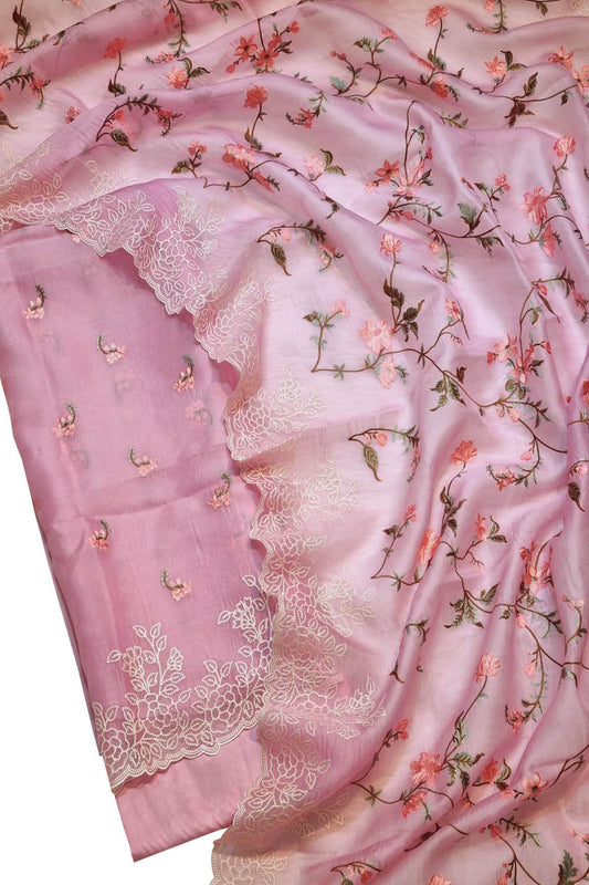 Elegant Pink Banarasi Organza Suit Set with Embroidery