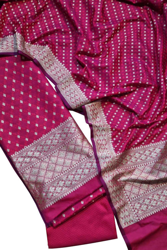 Elegant Pink Banarasi Satin Silk Suit Set: Unstitched Luxury - Luxurion World