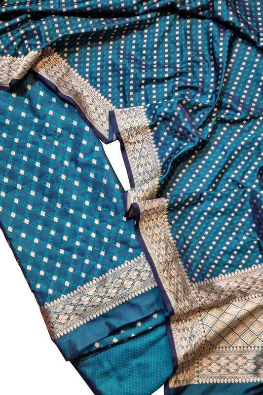 Elegant Blue Banarasi Satin Silk Suit Set: Unstitched Luxury for Every Occasion - Luxurion World