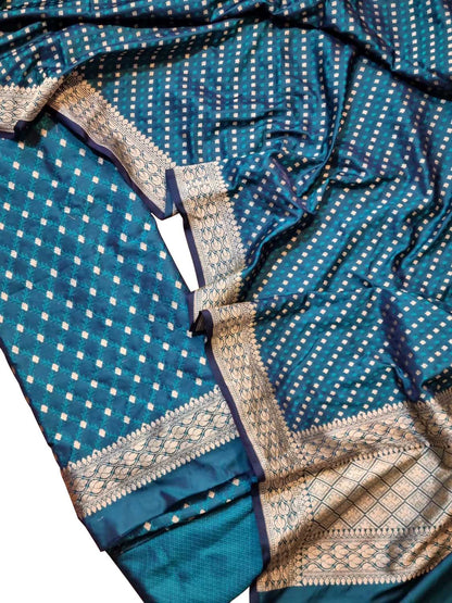 Elegant Blue Banarasi Satin Silk Suit Set: Unstitched Luxury for Every Occasion - Luxurion World