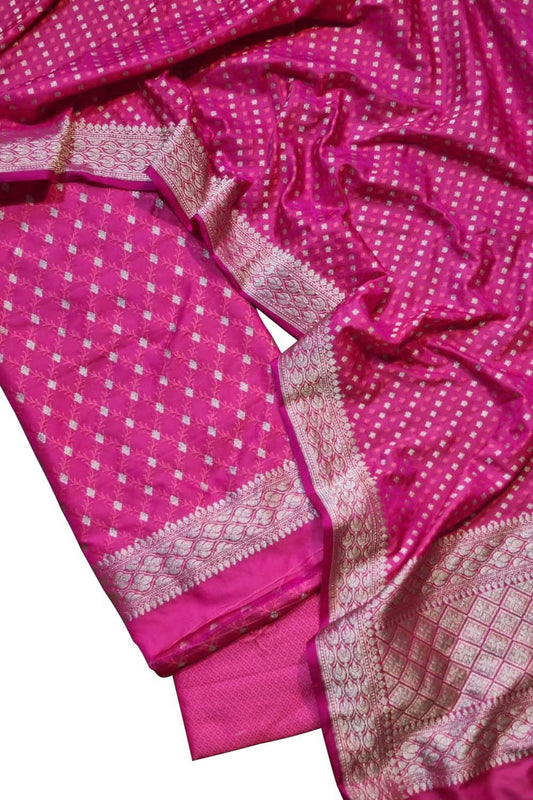 Elegant Pink Banarasi Satin Silk Three Piece Suit Set - Luxurion World