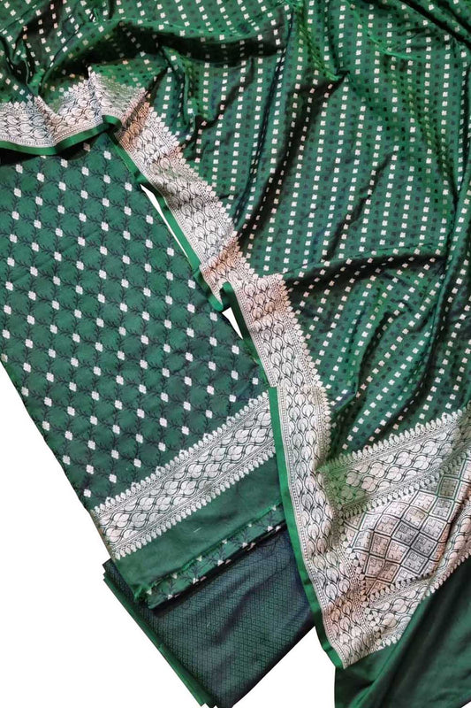 Elegant Green Banarasi Satin Silk Suit Set: Unstitched 3-Piece