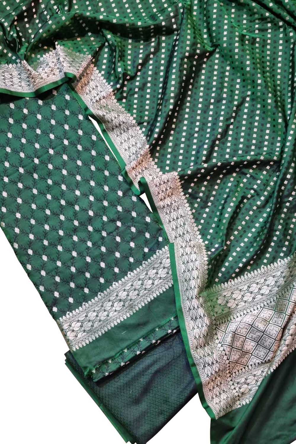 Elegant Green Banarasi Satin Silk Suit Set: Unstitched 3-Piece - Luxurion World