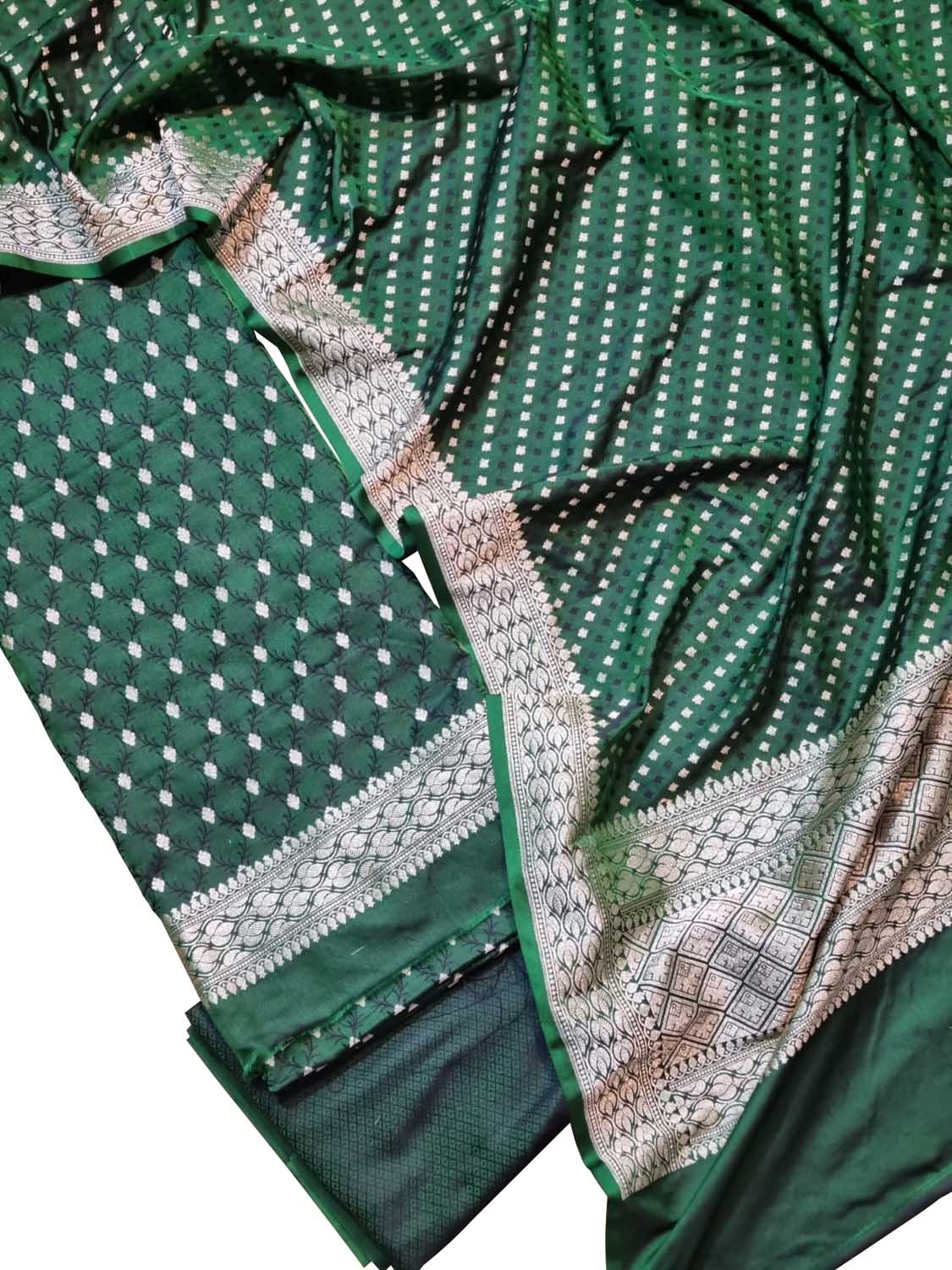 Elegant Green Banarasi Satin Silk Suit Set: Unstitched 3-Piece - Luxurion World