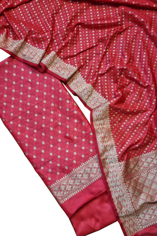 Elegant Red Banarasi Satin Silk Suit Set: Unstitched Luxury - Luxurion World