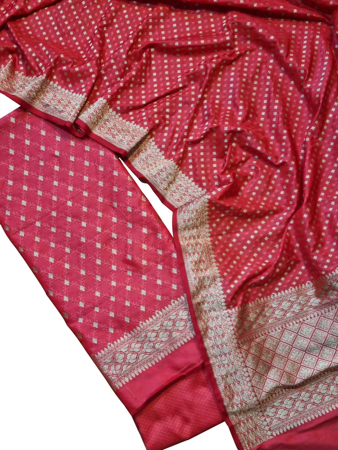 Elegant Red Banarasi Satin Silk Suit Set: Unstitched Luxury - Luxurion World
