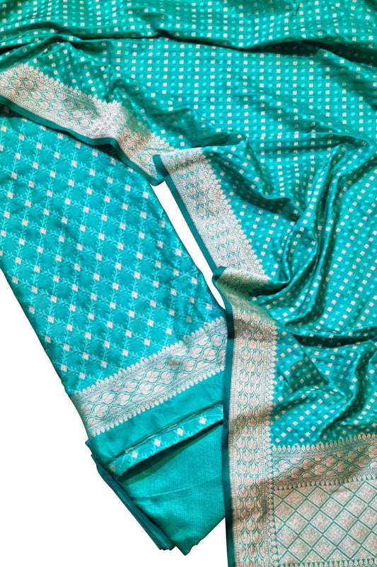 Elegant Blue Banarasi Satin Silk Suit Set: Unstitched & Exquisite