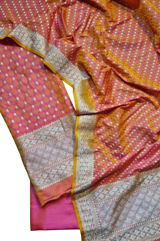 Pink & Orange Banarasi Satin Silk 3-Piece Unstitched Suit - Luxurion World