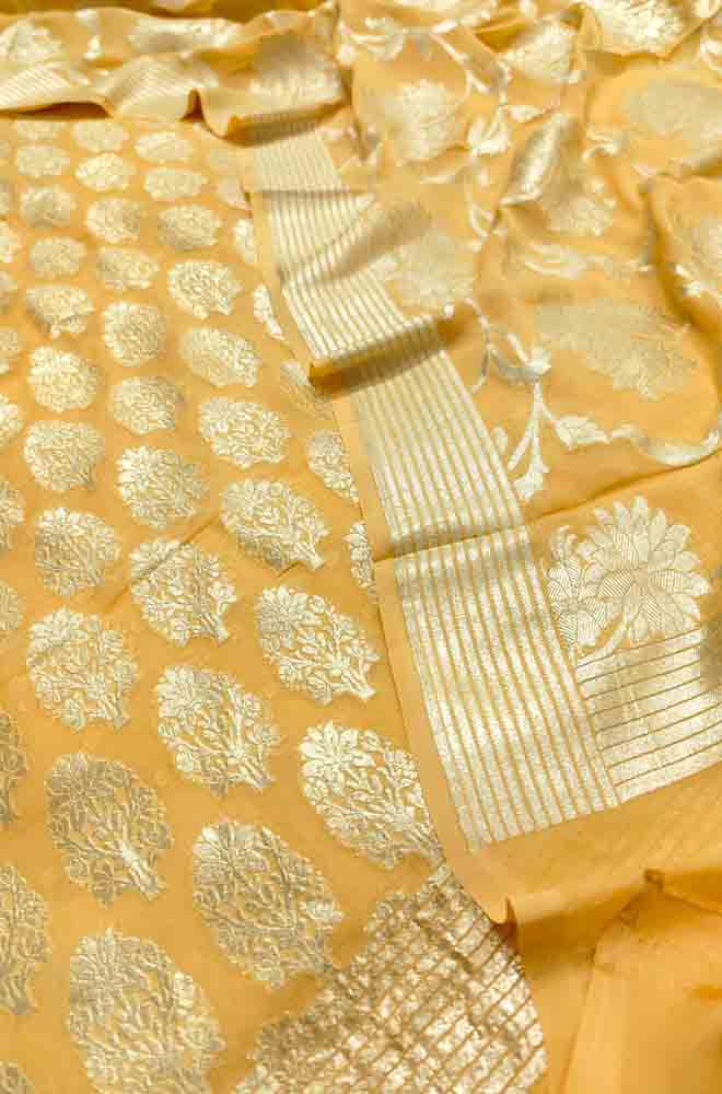 Yellow Handloom Banarasi Pure Georgette Three Piece Unstitched Suit Set