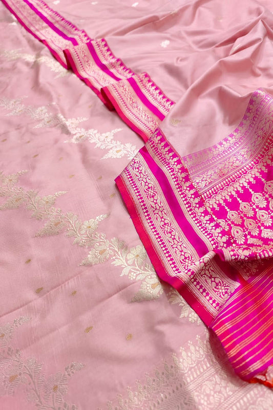 Elegant Pink Banarasi Handloom Pure Katan Silk Suit - Luxurion World