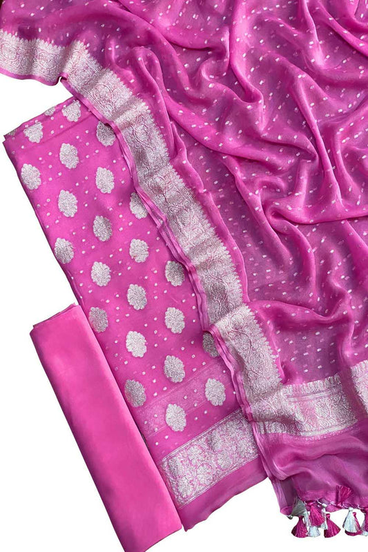 Pink Handloom Banarasi Pure Chiffon Unstitched Suit Set - Luxurion World