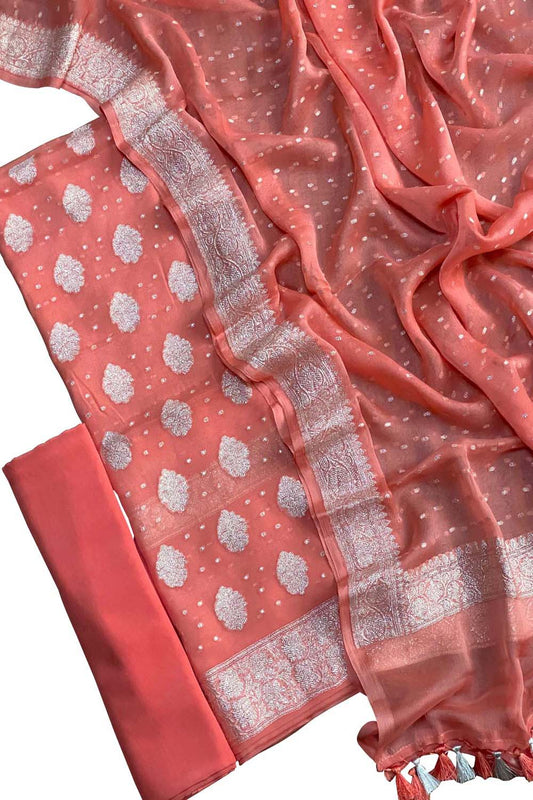 Peach Handloom Banarasi Pure Chiffon Unstitched Suit Set - Luxurion World