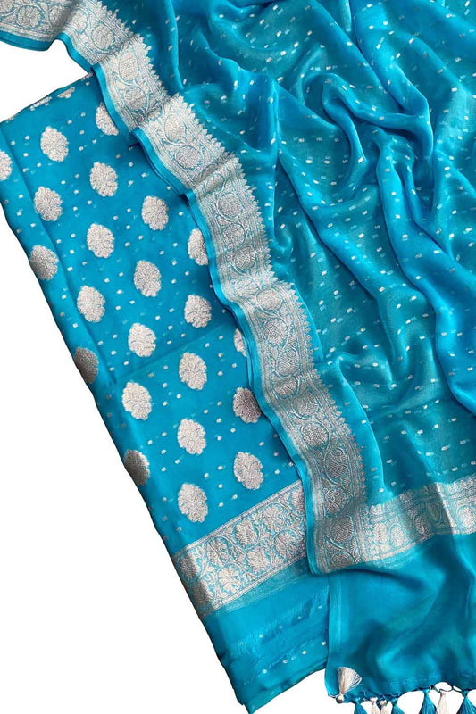 Blue Handloom Banarasi Pure Chiffon Unstitched Suit Set - Luxurion World
