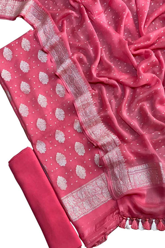 Pink Handloom Banarasi Pure Chiffon Unstitched Suit Set - Luxurion World