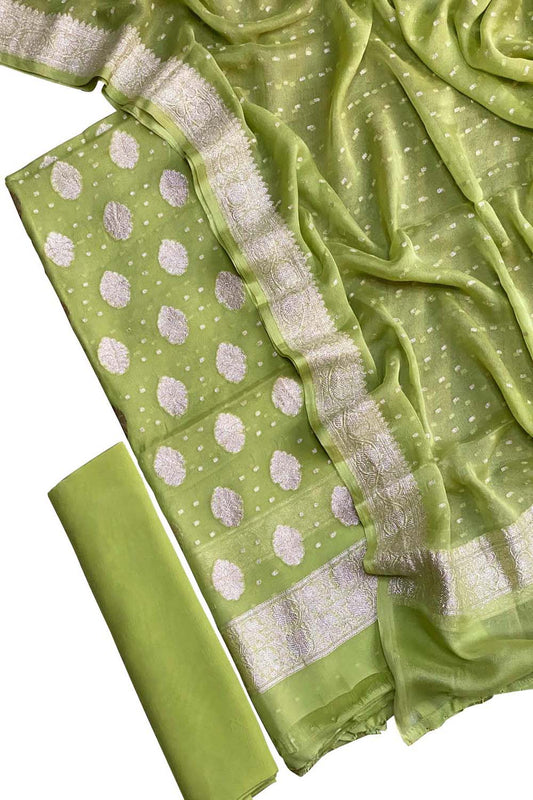 Green Handloom Banarasi Pure Chiffon Unstitched Suit Set - Luxurion World