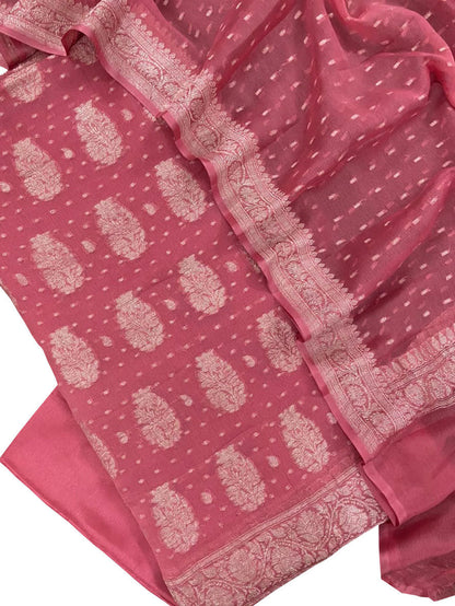 Pink Handloom Banarasi Chiffon Three Piece Unstitched Suit Set - Luxurion World