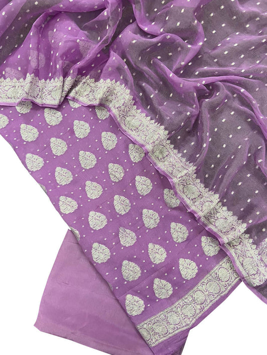 Purple Handloom Banarasi Chiffon Three Piece Unstitched Suit Set - Luxurion World