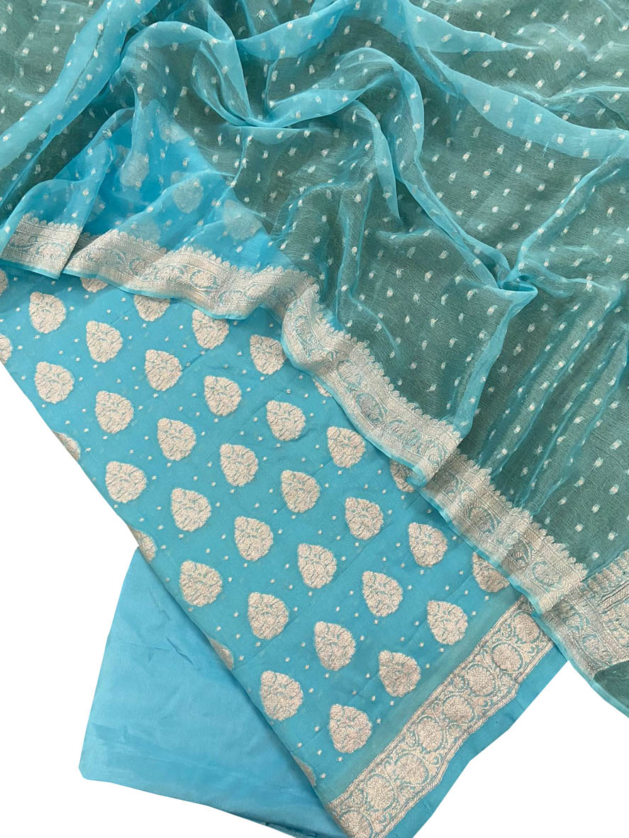 Blue Handloom Banarasi Chiffon Three Piece Unstitched Suit Set - Luxurion World