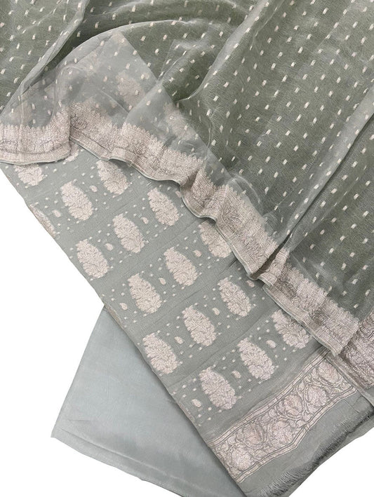 Grey Handloom Banarasi Chiffon Three Piece Unstitched Suit Set - Luxurion World