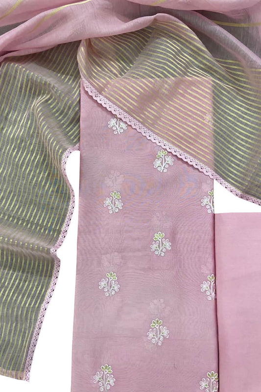 Pink Banarasi Chanderi Silk Three Piece Unstitched Suit Set - Luxurion World